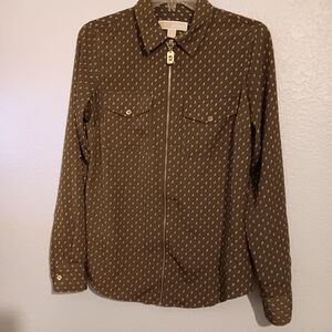 Michael Kores Size 2 Blouse Olive Patterned Office Top